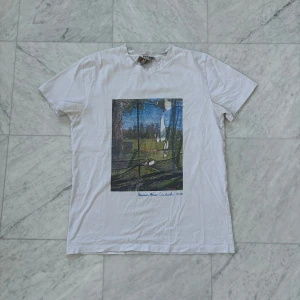 Vit t-shirt från A.P.C. - Säljer en vit t-shirt från A.P.C. med ett tryck av ett konstverk och texten 'Buenos Aires Ciudad 2017'. T-shirten är kortärmad och tillverkad i bomull. Perfekt för en avslappnad stil.