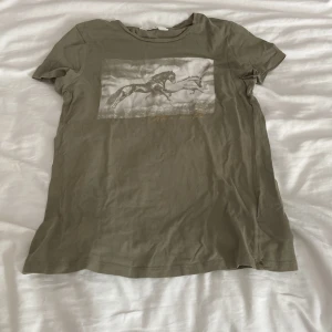Grön t-shirt med hästmotiv H&M - Grön t-shirt från H&M med ett coolt tryck av en hoppande häst på bröstet. Rund hals och korta ärmar, perfekt för dig som gillar djur och vill ha en chill stil. Mjuk bomull som känns skön mot huden.