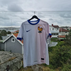 Frankrike fotbollströja Nike vit - Säljer en vit Frankrike fotbollströja från Nike med tunna blå och röda ränder. Tröjan har korta ärmar, blå krage och detaljer i blått och rött vid ärmslut. Framsidan har Frankrikes tupp-emblem med två stjärnor. Perfekt för dig som älskar landslagsfotboll.