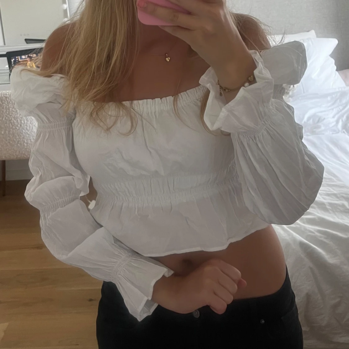 Vit croppad blus med puffärm - 2