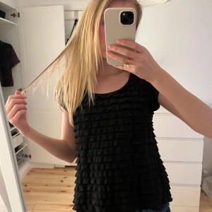 Svart topp med volangdetaljer - Säljer en stilren svart topp med volangdetaljer. Toppen är ärmlös och har en rund halsringning. Perfekt för att ge en extra touch till din outfit. Passar bra till både jeans och kjol💖💖