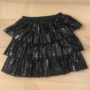 Svart paljettkjol från Zara - Snygg svart kjol från Zara täckt med glittrande paljetter. Kjolen har flera lager av volanger. Jag som är runt 168 kan ha kjolen så den är stor i storlek 