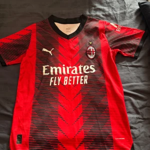 AC Milan matchtröja Puma röd/svart S - AC Milan matchtröja från Puma i rött och svart med grafiskt mönster och klubbmärke på bröstet. Kortärmad modell med svart krage, tryckta sponsorer och autentisk badge. Tillverkad i lätt funktionsmaterial för maximal komfort på planen.