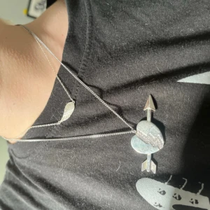 Silverfärgat halsband med hjärta och pil från Ioaku - Säljer ett silverfärgat halsband från Iaku med ett stort hjärta genomborrat av en pil. Hjärtat har en dekorativ, glittrig detalj i mitten. Kedjan är tunn och har en liten bricka med varumärket. Perfekt för dig som gillar unika smycken!