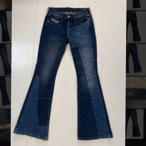 Diesel D-EBBEY low waist bootcut jeans med patchwork - Supersnygga blå lågmidjade bootcut jeans från Diesel, modell D-EBBEY. Jeansen har en cool patchwork-design med olika denimnyanser. 💙Endast använda en gång.🌸