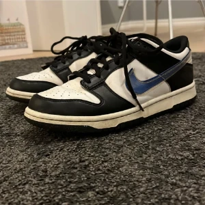 Nike Dunk Low svart och vit med blå swoosh - Säljer ett par Nike Dunk Low i svart och vitt med en blå swoosh. Skorna har klassisk låg siluett, svart snörning och rund tå. Perfekta för dig som gillar streetwear och vill ha en stilren sneaker med en twist.