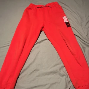 Röda mjukisbyxor från Hoodrich - Säljer ett par röda mjukisbyxor från Hoodrich i storlek XL (13-15Y). Byxorna har resår i midjan med snörning och tryckt logga på ena benet. Perfekta för en avslappnad stil.