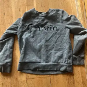 Säljer en stilren grå sweatshirt från Calvin Klein Jeans med svart text på framsidan. Tröjan har långa ärmar och en rund halsringning. Perfekt för en avslappnad look.