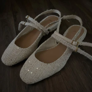 Beige glittriga ballerinaskor från Zara - Säljer ett par beige ballerinaskor från Zara med glittriga paljettdetaljer och dubbla remmar med spänne. Skorna har fyrkantig tå och är tillverkade i ett tygmaterial med struktur. Perfekta för dig som vill ha något extra till outfiten! De är endast använda två gånger då jag brukar bära 37 i vanliga fall. De har en liten mini klack så de låter som klackar när man bär de🌸💞