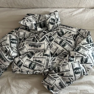 Pufferjacka med dollartryck - Säljer en unik pufferjacka!💸 Jackan har krage och långa ärmar, perfekt för dig som vill sticka ut. Kort i midjan. Aldrig använd!