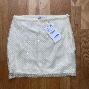 Vit paljettkjol från Zara - Säljer en vit kortkjol från Zara med glittrande paljetter och diskret rutmönster. Kjolen har en rak passform och dragkedja i sidan. Är ny och helt oanvänd. Lappen kvar därmed priset! 