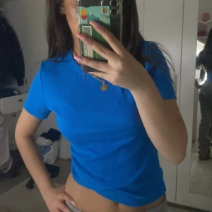 Blå ribbad kortärmad topp - Säljer en fräsch blå ribbad topp med korta ärmar och rund hals. Sitter tajt och är perfekt till jeans eller kjol. Enkel och stilren design som passar till många olika looks.