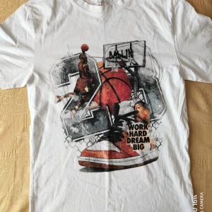 Vit basketinspirerad t-shirt med tryck - Vit t-shirt från Native Tex med stort färgglatt baskettryck framtill. Motivet visar en basketspelare, basketboll, sneakers och texten 'WORK HARD DREAM BIG'. Klassisk passform och rund hals. Perfekt för dig som gillar sportig streetstyle.