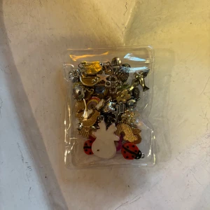 Mixade berlocker  - Ett paket med flera olika berlocker i blandade färger och former, bland annat nyckelpigor, ananas, blommor och stjärnor. Materialen verkar vara både metall och plast. 