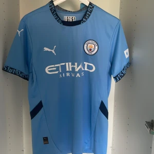 Manchester City hemmatröja 2024/25 - Säljer en ljusblå Manchester City fotbollströja från Puma med klubbmärke och Etihad Airways-tryck på bröstet. Tröjan har korta ärmar och svarta detaljer vid sidorna samt mönstrad krage och ärmslut. Storlek S men kan även passa M