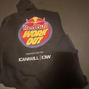 Svart Red Bull Workout hoodie ICAINWILL - Svart hoodie från ICANIWILL x Red Bull med stor färgglad 'Red Bull Workout' print på bröstet. Klassisk huva, långärmad och mjukt material, perfekt för träning eller chill. Snygg och sportig vibe med coolt tryck framtill.