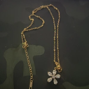 Swedora guldhalsband med blomma - Superfint halsband från Swedora i guldton med en gnistrande blomma som hänge. Blomman har fem blad av klara stenar som ger en lyxig och söt känsla. Kedjan är tunn och elegant, perfekt för att lyfta vilken outfit som helst. Perfekt gåva till din tjej eller familjemedlem. Köpte detta för ungefär 2 månader sen till en person men det blev ej av så den är aldrig använd