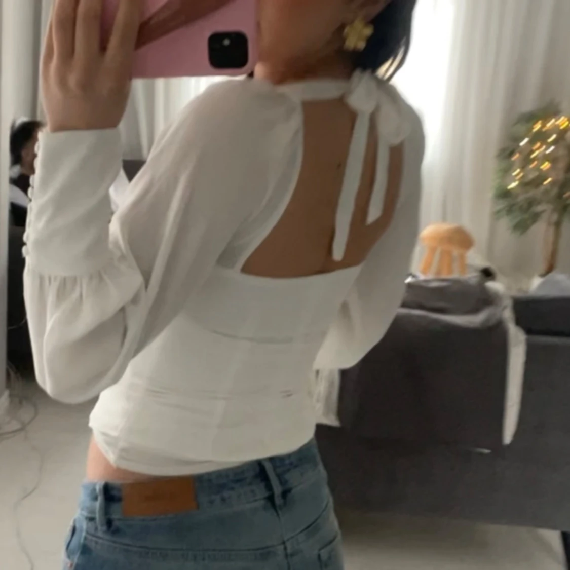 Vit korsettblus med knyt och puffärm - 3