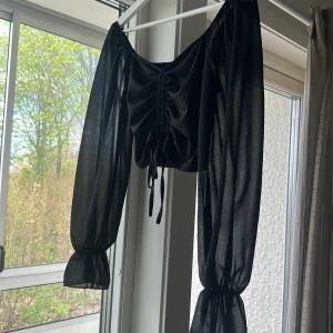 Svart croppad topp med långa ärmar och knyt - Snygg svart croppad topp med transparenta långa ärmar och knyt framtill. Toppen har resår vid ärmslut. Perfekt för att lyfta din outfit.