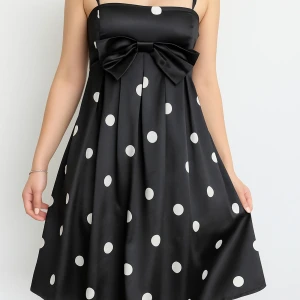 Prickig klänning i silke - Jättesöt svart silkesklänning med rosett och vita prickar 🎀har dragkedja så det ska vara lättare att ta på sig den! 