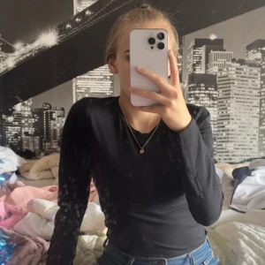 Svart långärmad topp från Bik Bok - En svart, figurnära långärmad topp från Bik Bok. Enkel och stilren design med rund halsringning, perfekt att matcha med jeans eller kjol. Tillverkad i mjuk bomullsmix som sitter skönt mot kroppen.