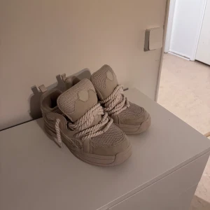 Beige sneakers med grova snören - Säljer ett par beige sneakers med riktigt grova snören och meshdetaljer. Skorna har en chunky sula och rund tå, perfekt för dig som gillar streetwear och vill sticka ut lite extra. Storlek 43