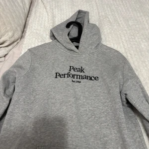 Grå hoodie från Peak Performance - Säljer en stilren grå hoodie från Peak Performance med svart logotyp på bröstet. Perfekt för en avslappnad look. Den har en klassisk huva och långa ärmar.knappt använd 