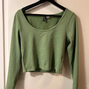 Grön ribbad croppad långärmad topp - Snygg ljusgrön croppad topp från Iconic - H&M med långa ärmar och rundad urringning. Toppen är ribbad och har en tight passform som framhäver siluetten. Perfekt att matcha med höga jeans eller kjol för en trendig look.