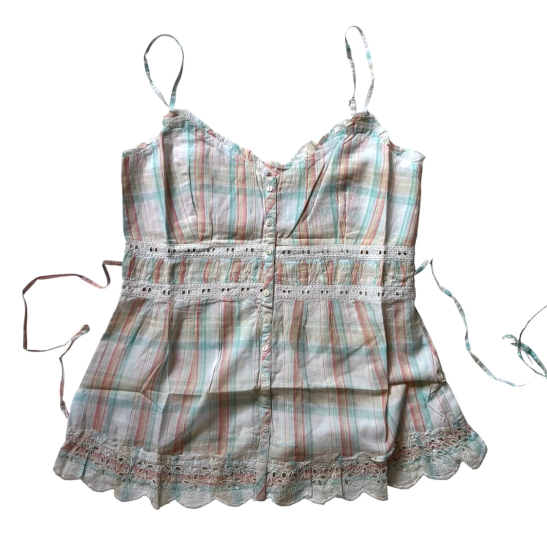 Pastellrutig linnetopp med spets