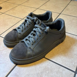 Mörkgrå sneakers från Arigato - Säljer mina snygga mörkgrå sneakers från Axel Arigato med platt sula och rund tå. Ovandelen är i skinn med detaljer i mocka på tån och hälen. Skorna har snörning och en stilren design med diskret logga på sidan. Pris kan diskuteras. Hör av er vid frågor:)