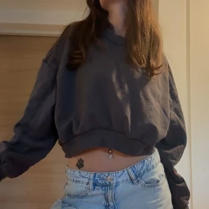 Mörkgrå croppad sweatshirt - Säljer en mörkgrå croppad sweatshirt med loose passform och långa ärmar. Tröjan har en klassisk rund hals och är tillverkad i mjuk bomull, Storlek M