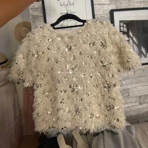 Paljettprydd fluffig topp från Zara - Superfin fluffig topp från Zara i beige med massor av glittrande paljetter över hela plagget. Kortärmad och med rund halsringning, perfekt för dig som vill sticka ut med en unik och festlig look. Materialet är mjukt och ger en cool textur.💕 OBS det är storlek 152 men passar mig som är  XS-S