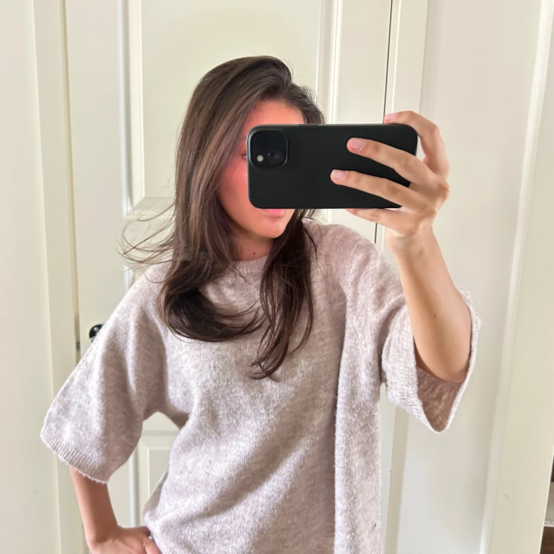 Beige stickad trekvartsarmar  - 1