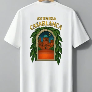 Vit t-shirt Avenida Casablanca tryck - Vit t-shirt med färgglatt tryck på både bröstet och ryggen. Motivet föreställer en byggnad med kupoler, gröna blad och texten 'Avenida Casablanca'. Klassisk passform och rund hals, perfekt för dig som gillar unika prints.