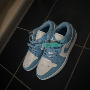 Nike Air Jordans i blått och vitt - Snygga Nike Air Jordans i en fräsch kombination av blått och vitt. Skorna har klassisk snörning och en stilren design som passar perfekt för både vardag och träning. Dem är oanvända och har inga skador alls, priset går så klart att diskutera. Dem passar även 43 