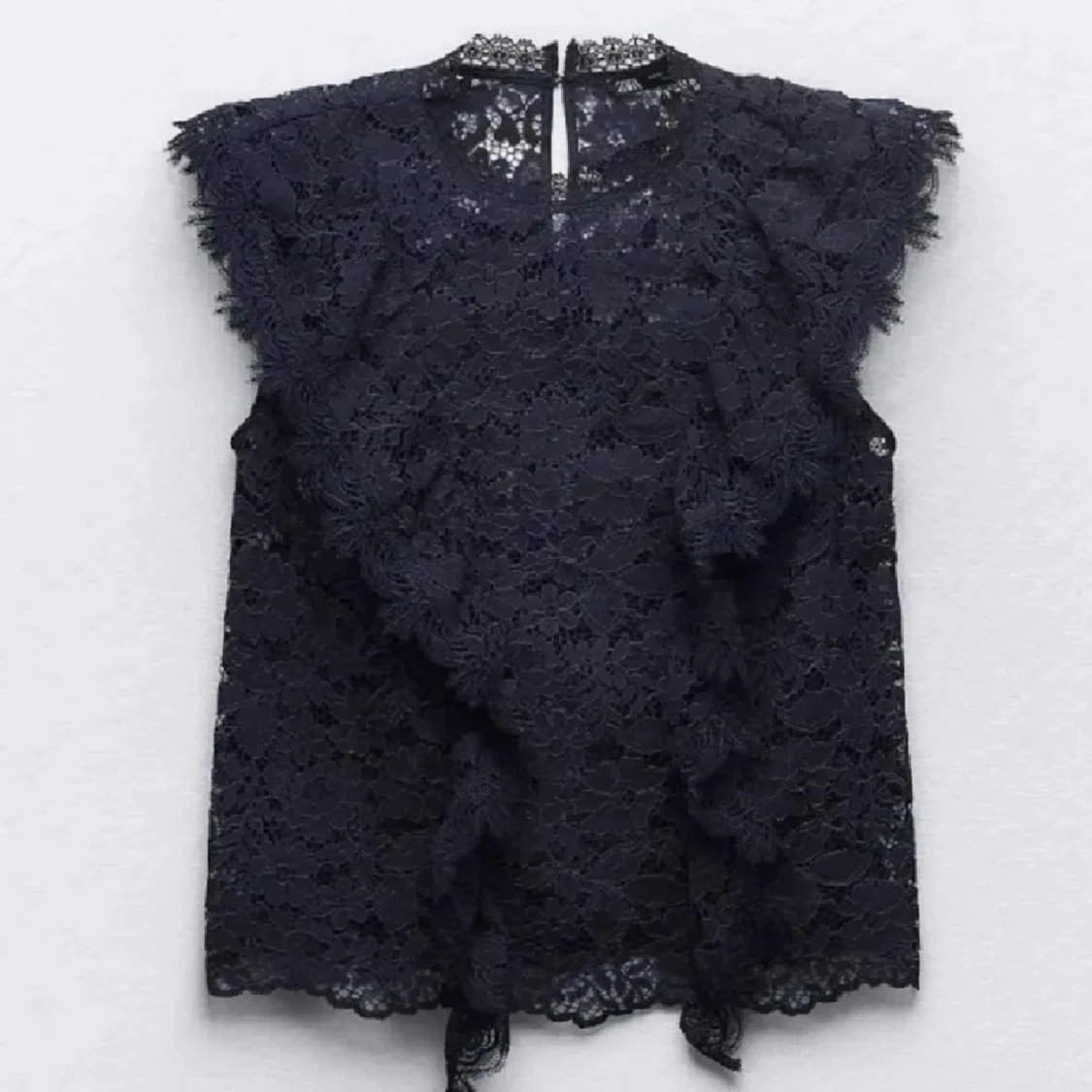 Marinblå spetsblus - 90