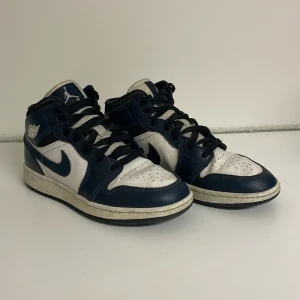 Nike Air Jordans i blått och vitt - Snygga Nike Air Jordans i en klassisk blå och vit färgkombination. Skorna har en hög modell med snörning och den ikoniska Nike-loggan på sidan.