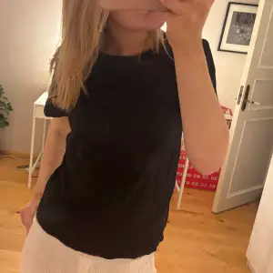 Säljer en stilren svart t-shirt i bra skick. Perfekt för vardagsbruk eller att styla upp med accessoarer. Den har en normal passform och är kortärmad, vilket gör den idealisk för både sommar och vår.