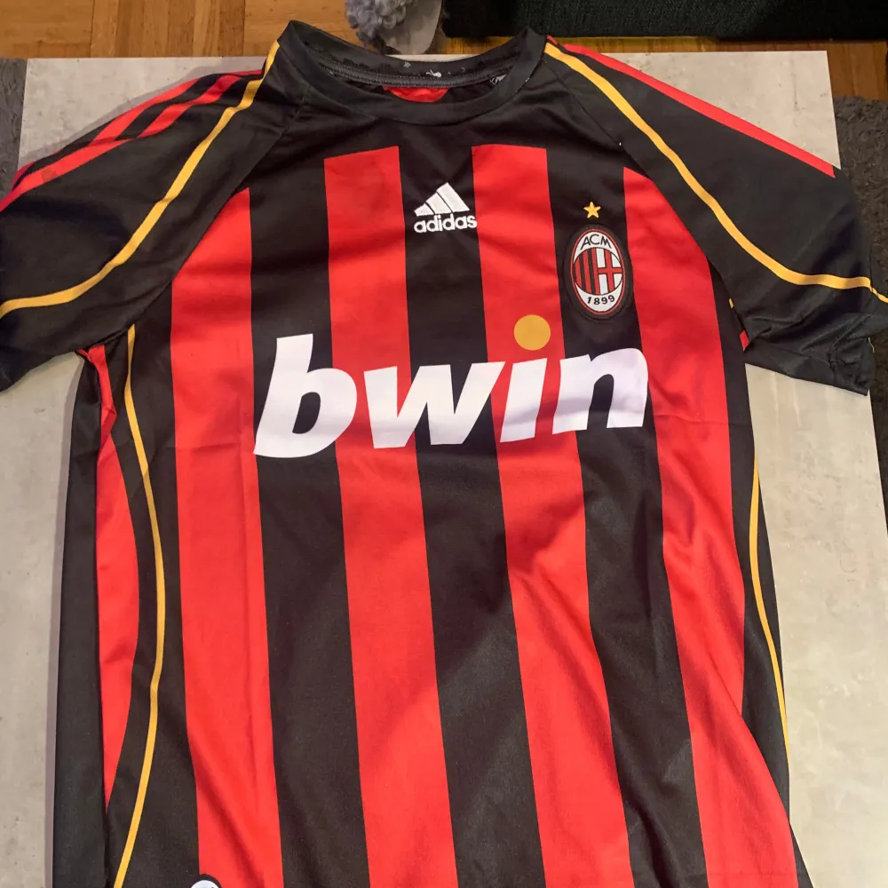 Säljer en klassisk AC Milan fotbollströja från Adidas i svart och rött med gula detaljer. Tröjan är kortärmad och har sponsorloggan 'bwin' på framsidan. På baksidan står det 'Pirlo 21'. Perfekt för samlare eller fans av laget! Storleken är S, färgerna röd svart guld, kom med frågor med mera. T-shirts.