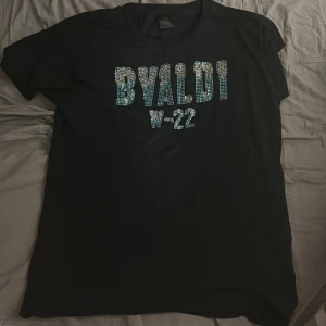 Svart t-shirt från Bvaldi - Snygg svart t-shirt från Bvaldi med glittrig text 'BVALDI W-22' på framsidan. Perfekt för att ge din outfit lite extra bling. Kortärmad och bekväm passform.har användts Max 2 gånger