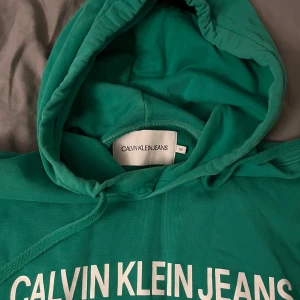 Grön hoodie från Calvin Klein Jeans - Säljer en snygg grön hoodie från Calvin Klein Jeans i storlek M. Den har en klassisk design med vit logga på bröstet och en stor ficka framtill. Perfekt för en avslappnad stil och passar bra till både vardag och chillkvällar. 🟢