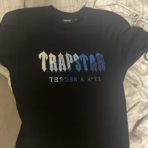 Säljer en svart t-shirt från Trapstar med texten 'TRAPSTAR' i en cool gradient från vit till blå. Texten 'IT'S A SECRET' är tryckt under i mindre bokstäver. T-shirten är kortärmad och i nyskick. Perfekt för en avslappnad stil!