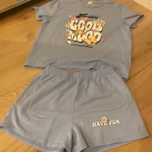 Blå t-shirt och shorts från Shein - Säljer ett set med en blå t-shirt och matchande shorts från Shein. T-shirten har ett färgglatt tryck med texten 'Positive Good Mood' och blommor. Shortsen har texten 'Have Fun' med en blomma. Perfekt för en avslappnad dag!