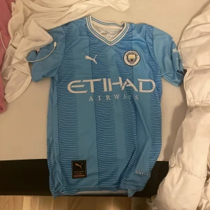 Ljusblå fotbollströja från Puma - Säljer en ljusblå Manchester City fotbollströja från Puma med korta ärmar. Tröjan har klubbens emblem och sponsorloggor på framsidan samt spelarens namn och nummer 'Haaland 9' på baksidan. Premier League-logga på ärmen. Priset kan bli mindre. Knappt använd.