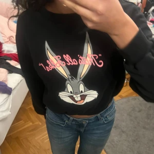 Svart sweatshirt med tryck - Säljer en svart sweatshirt med ett stort tryck med texten 'That's All Folks!' i rosa. Tröjan har långa ärmar och en avslappnad passform. Perfekt för en casual look!