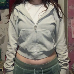 Grå hoodie från Juicy Couture - Säljer en ljus grå hoodie från Juicy Couture med dragkedja och huva. Den har en croppad passform och är tillverkad i mjukt material. Perfekt för en avslappnad stil. storlek m men passar s också!