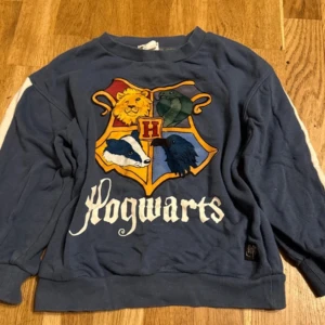 Blå sweatshirt med Hogwarts-emblem - Säljer en blå sweatshirt med Hogwarts-emblem på framsidan. Tröjan. har långa ärmar och vita ränder längs sidorna. Perfekt för Harry Potter-fans!