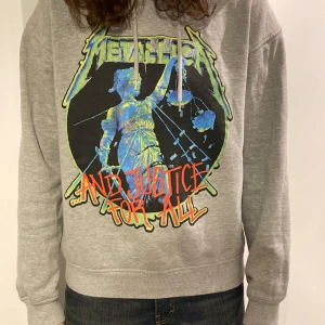 Grå Metallica hoodie - Säljer en grå hoodie med Metallica-tryck fram och bak. Framsidan har ett färgglatt motiv med texten 'And Justice For All'. Baksidan listar låttitlar från albumet. Perfekt för fans av bandet!