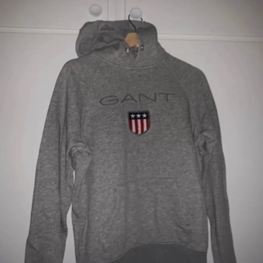 Säljer en snygg grå hoodie från GANT med deras klassiska logga och ett coolt emblem på bröstet. Perfekt för höst och vinter, den är både stilren och bekväm. Tröjan har långa ärmar och en praktisk huva med dragsko. Passar perfekt för en casual look eller mysiga dagar hemma.. Tröjor & Koftor.