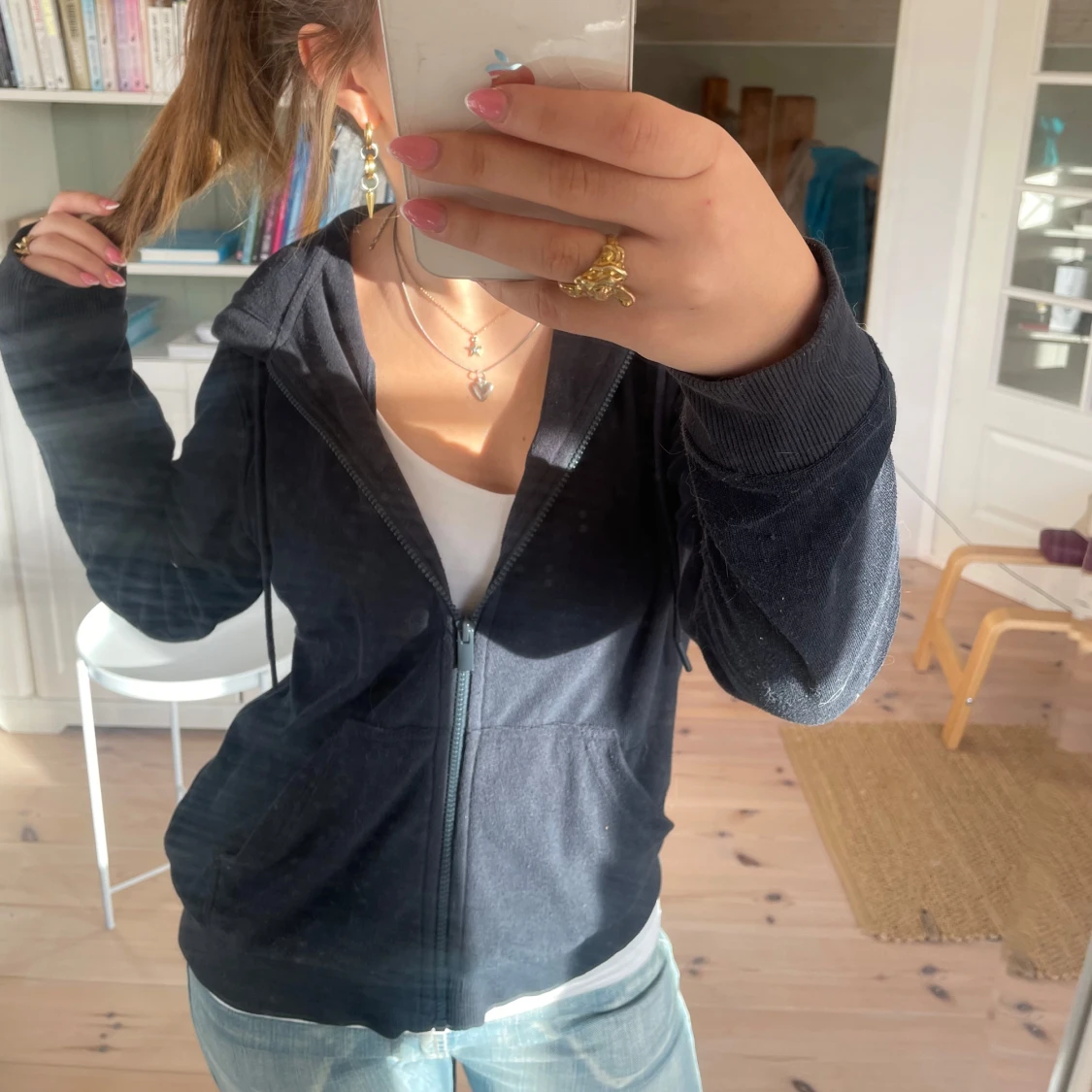 Mörkblå hoodie med dragkedja - 90